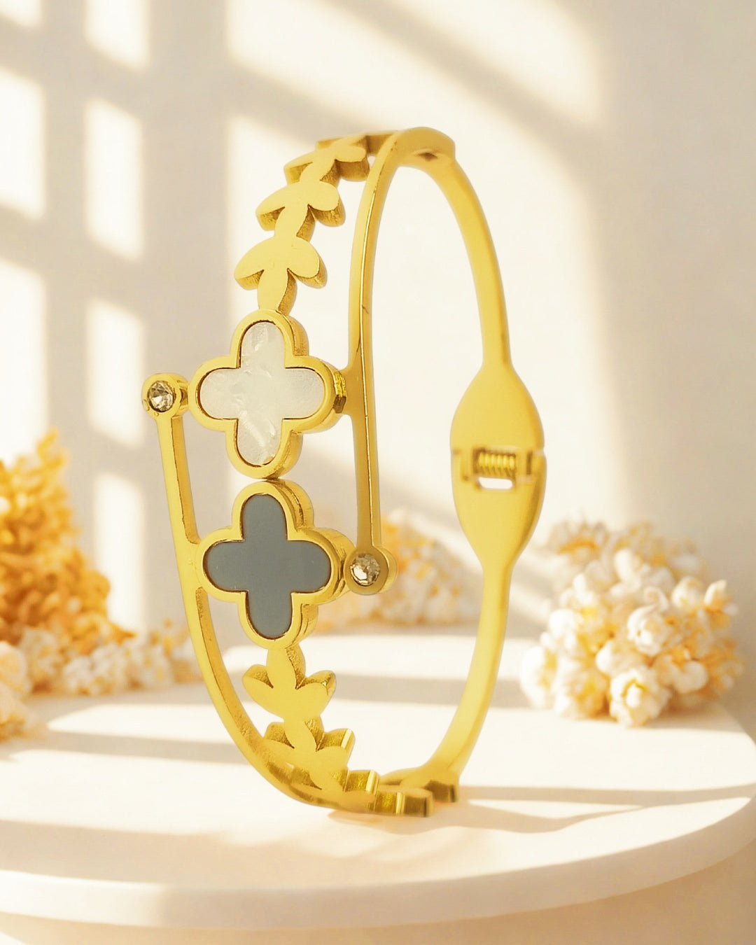 Black and White Clover | Stainless Steel Gold Plated | Women Anti-tarnish bracelet | Kada Bracelet | TE/GPK/2511/007