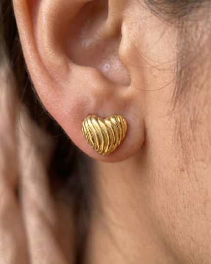 Radiant Ribbed Heart Gold Finish Earrings