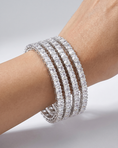 Luxury Silver Princess Cut Zircon Bangles Set of 4 | Premium Quality | CZ stone Bangles | American Diamond