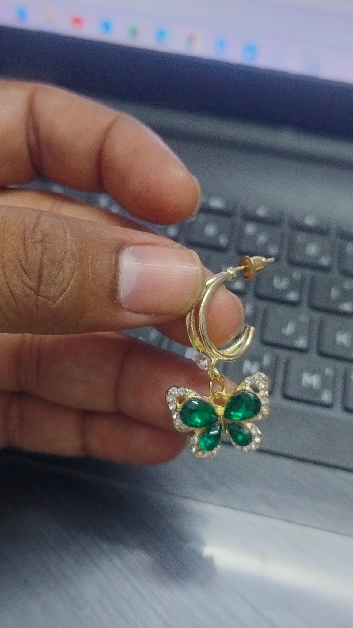 Elegant Butterfly Drop Earrings with Green & white Stones
