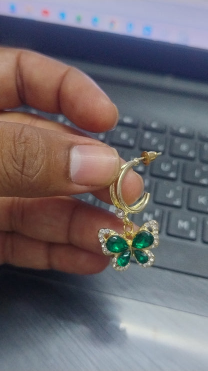 Elegant Butterfly Drop Earrings with Green & white Stones