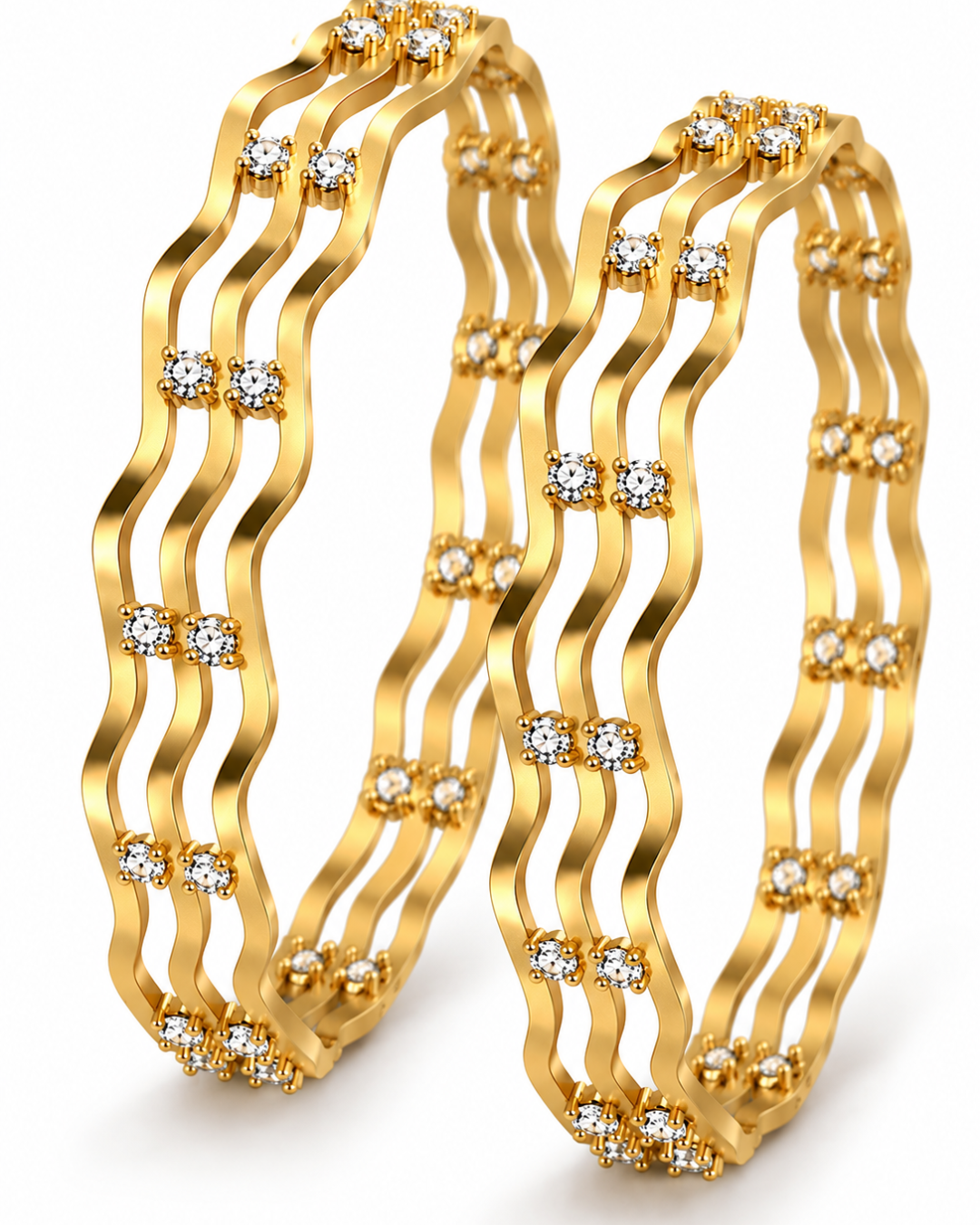 Antique Matte Gold Wave Bangles with Sparkling Stones