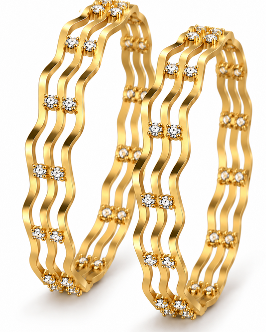 Antique Matte Gold Wave Bangles with Sparkling Stones