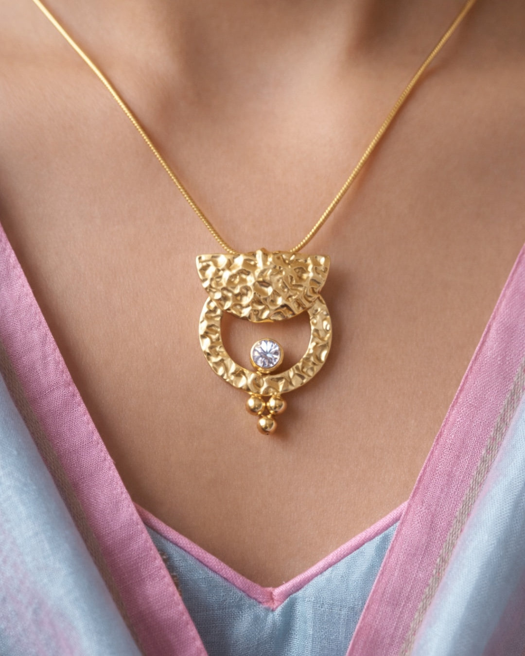 Gold Textured Crescent Pendant Necklace with zircon stone | Anti-tarnish Necklace | Daily wear | TE-GPC-0511-033