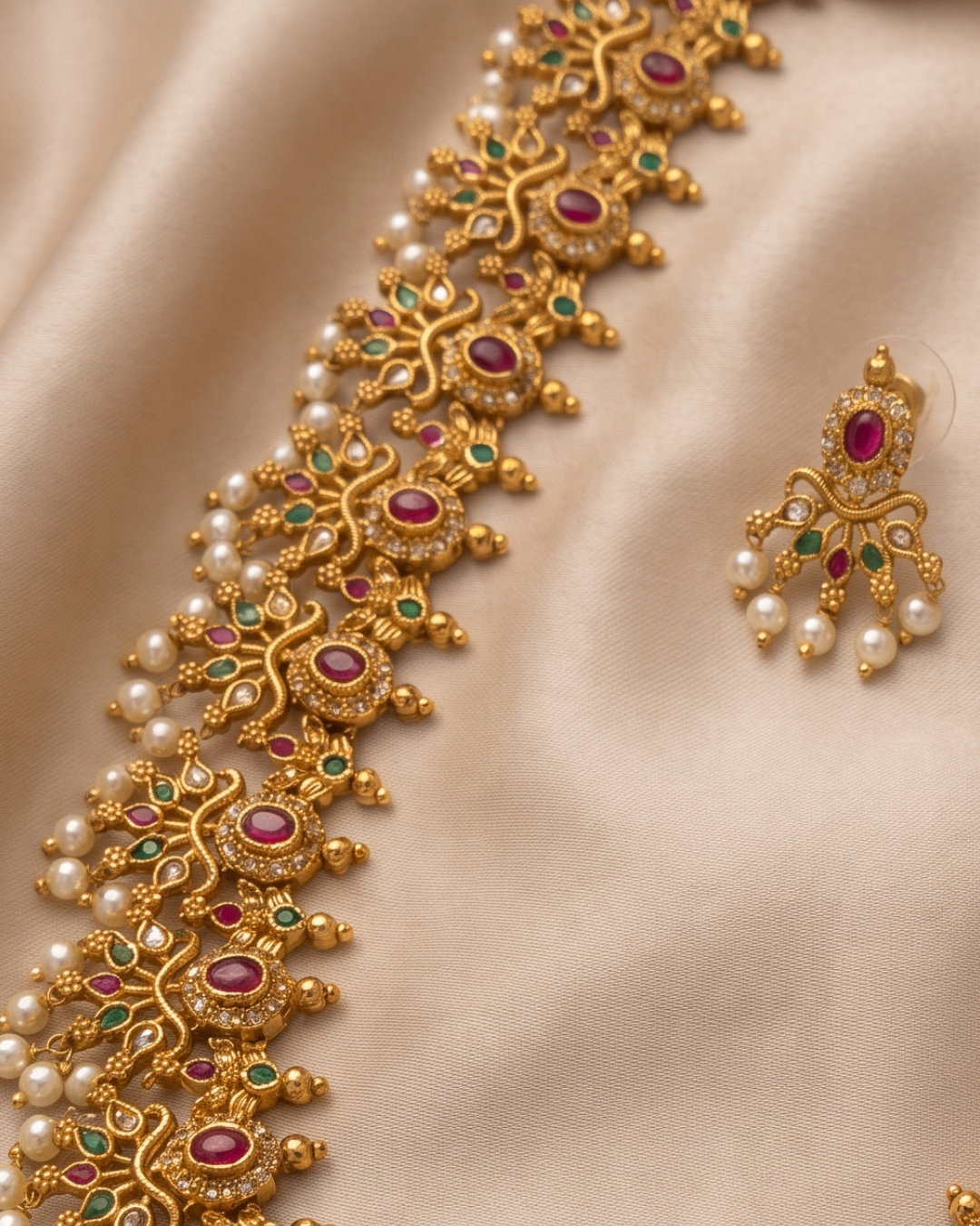 Traditional Gold-Tone Necklace Set with Ruby, Green Stones & Pearl Drops