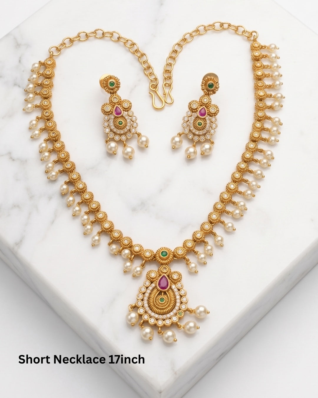 Traditional Gold-Tone(Matte Finish) Necklace Set with Ruby, Green Stones & Pearl Drops