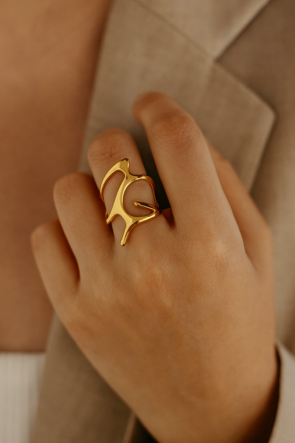 Abstract Gold Plated Adjustable Finger Ring for Women | Premium Quality | Elegant Women's Jewelry | Stainless Steel Gold Plated | Anti-tarnish | Daily wear | TE-GPFR-0612-001