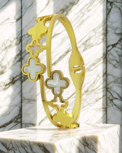 Elegant White Clover Bracelet | Stainless Steel Gold Plated | Women Anti-tarnish bracelet | Kada Bracelet | TE/GPK/2511/008