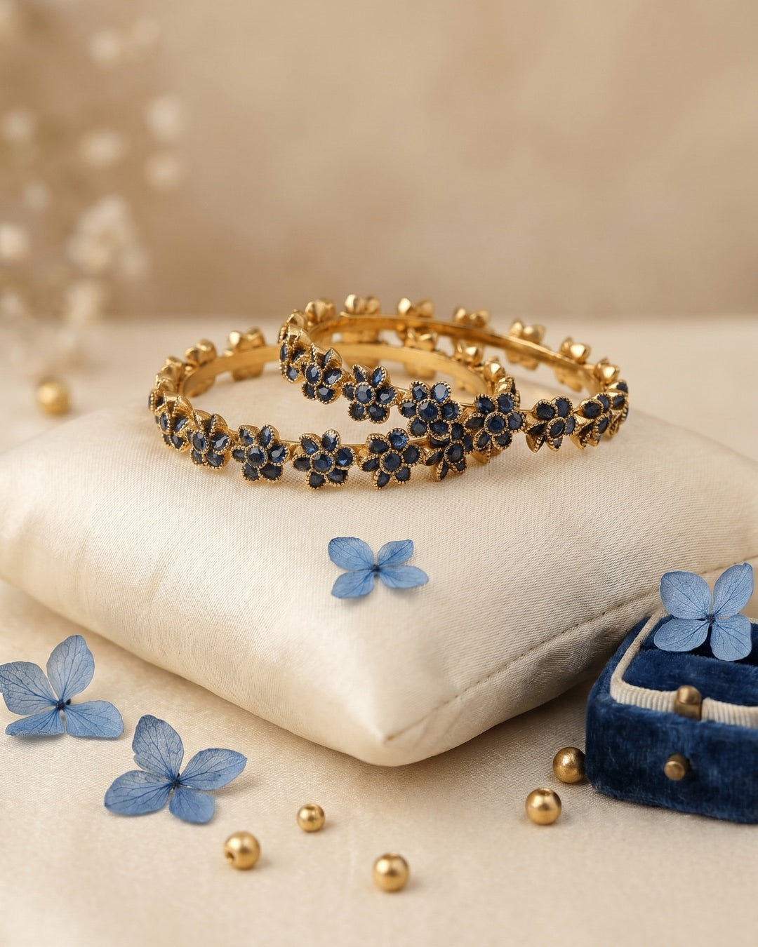 Midnight Sapphire Blue Floral Bangles (Set of 2) | Premium Quality | American Diamond | Party wear