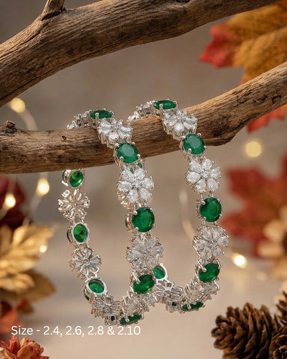 Rhodium Plated Emerald Green Circle and Flower Zircon Stone Bangle (Set of 2) | Premium Quality | American Diamond | Party wear | TE-ADB-2212-004