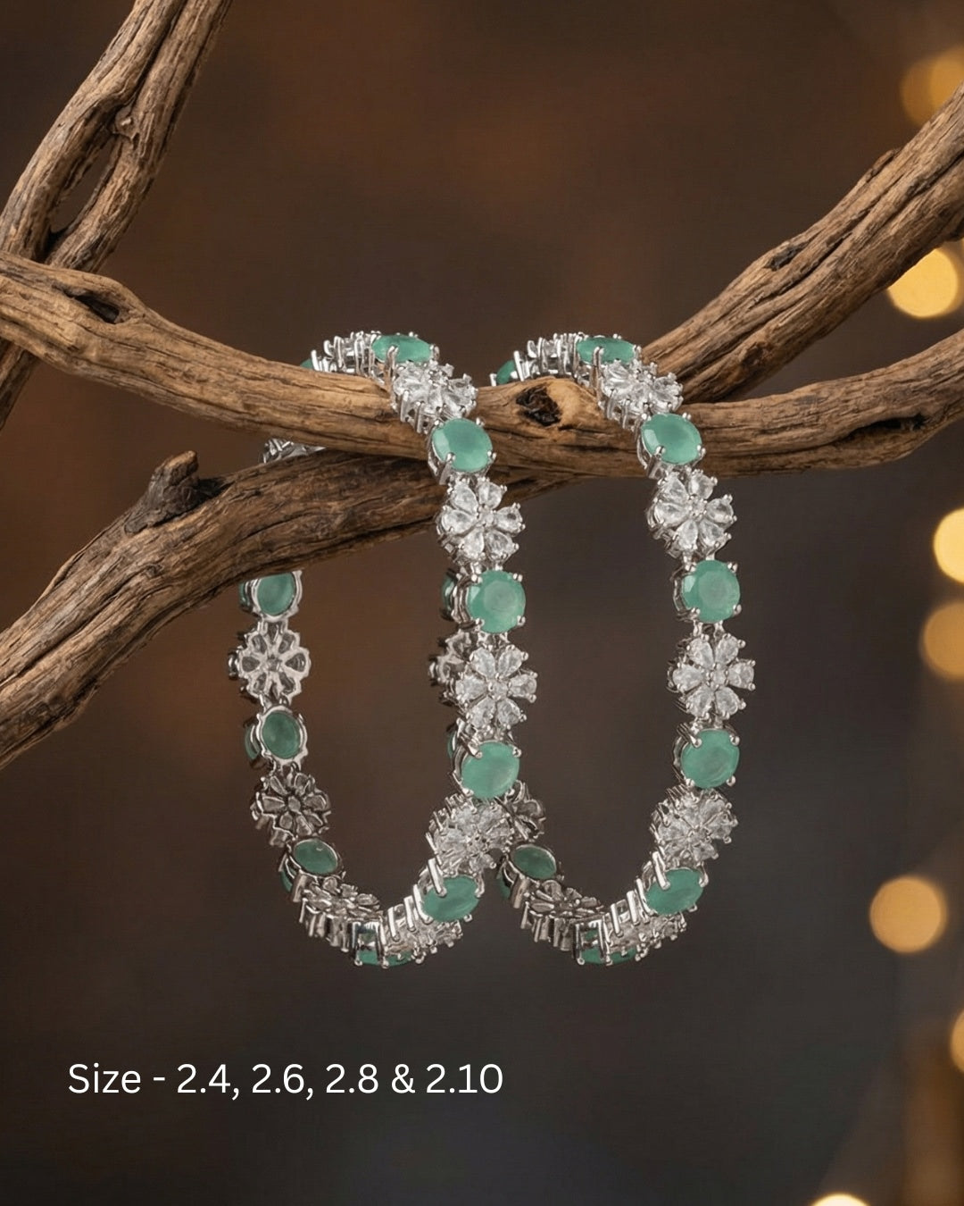 Rhodium Plated Pastel Green Circle and Flower Zircon Stone Bangle (Set of 2) | Premium Quality | American Diamond | Party wear | TE-ADB-2212-003