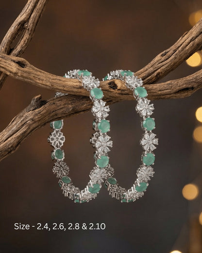 Rhodium Plated Pastel Green Circle and Flower Zircon Stone Bangle (Set of 2) | Premium Quality | American Diamond | Party wear | TE-ADB-2212-003