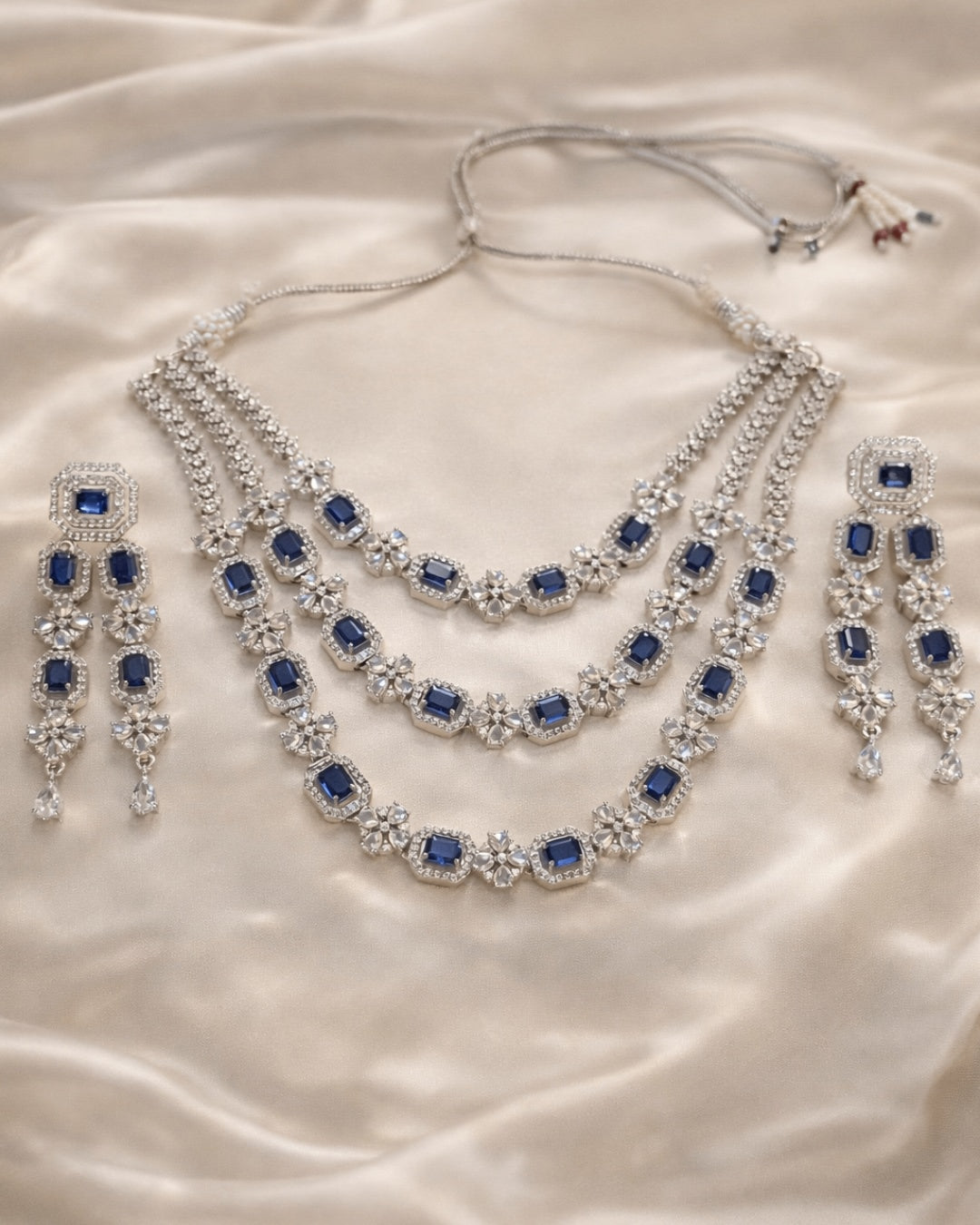 Luxury Blue Sapphire Rhodium Plated 3 Layer  American Diamond Necklace with Earring | Premium Quality | American Diamond | Party wear | TE-ADNE-2212-002