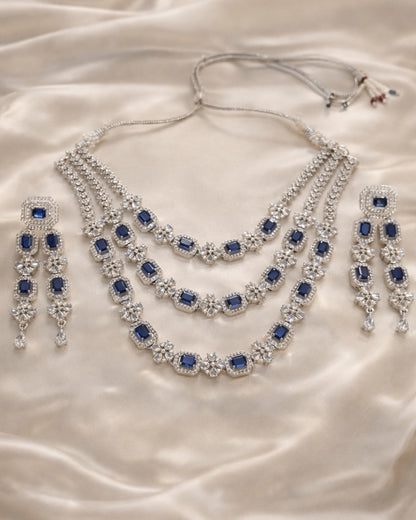 Luxury Blue Sapphire Rhodium Plated 3 Layer  American Diamond Necklace with Earring | Premium Quality | American Diamond | Party wear | TE-ADNE-2212-002