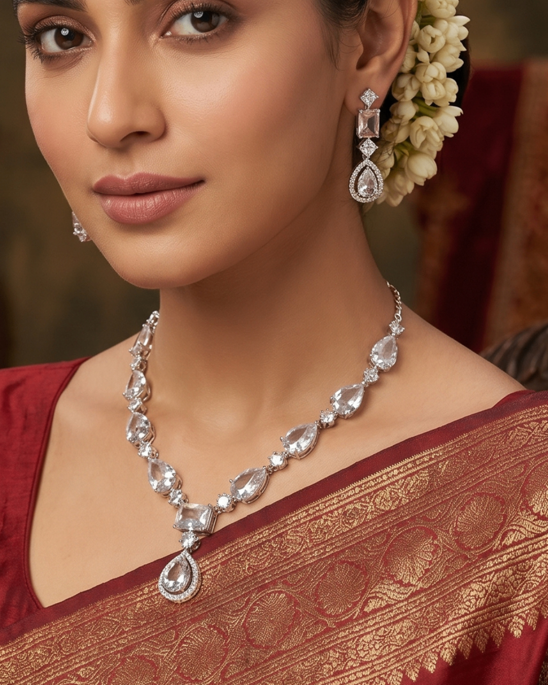 Radiant White AD Teardrop Necklace Set with Earrings | Premium Quality | American Diamond | Party wear