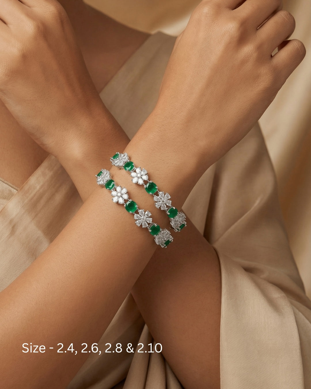 Rhodium Plated Emerald Green Circle and Flower Zircon Stone Bangle (Set of 2) | Premium Quality | American Diamond | Party wear | TE-ADB-2212-004