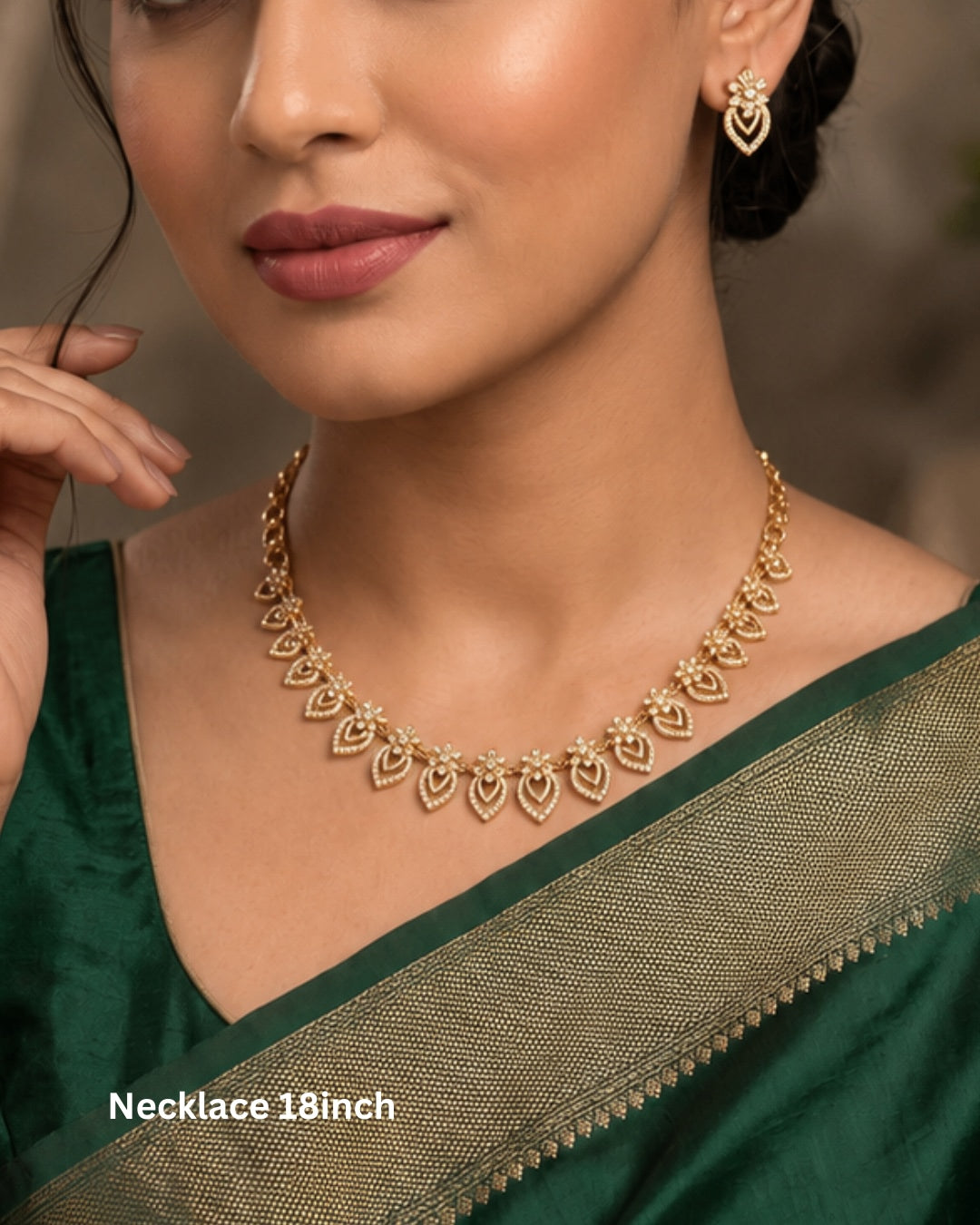 Premium Gold-Tone CZ Leaf Motif Necklace Set with Matching Earrings