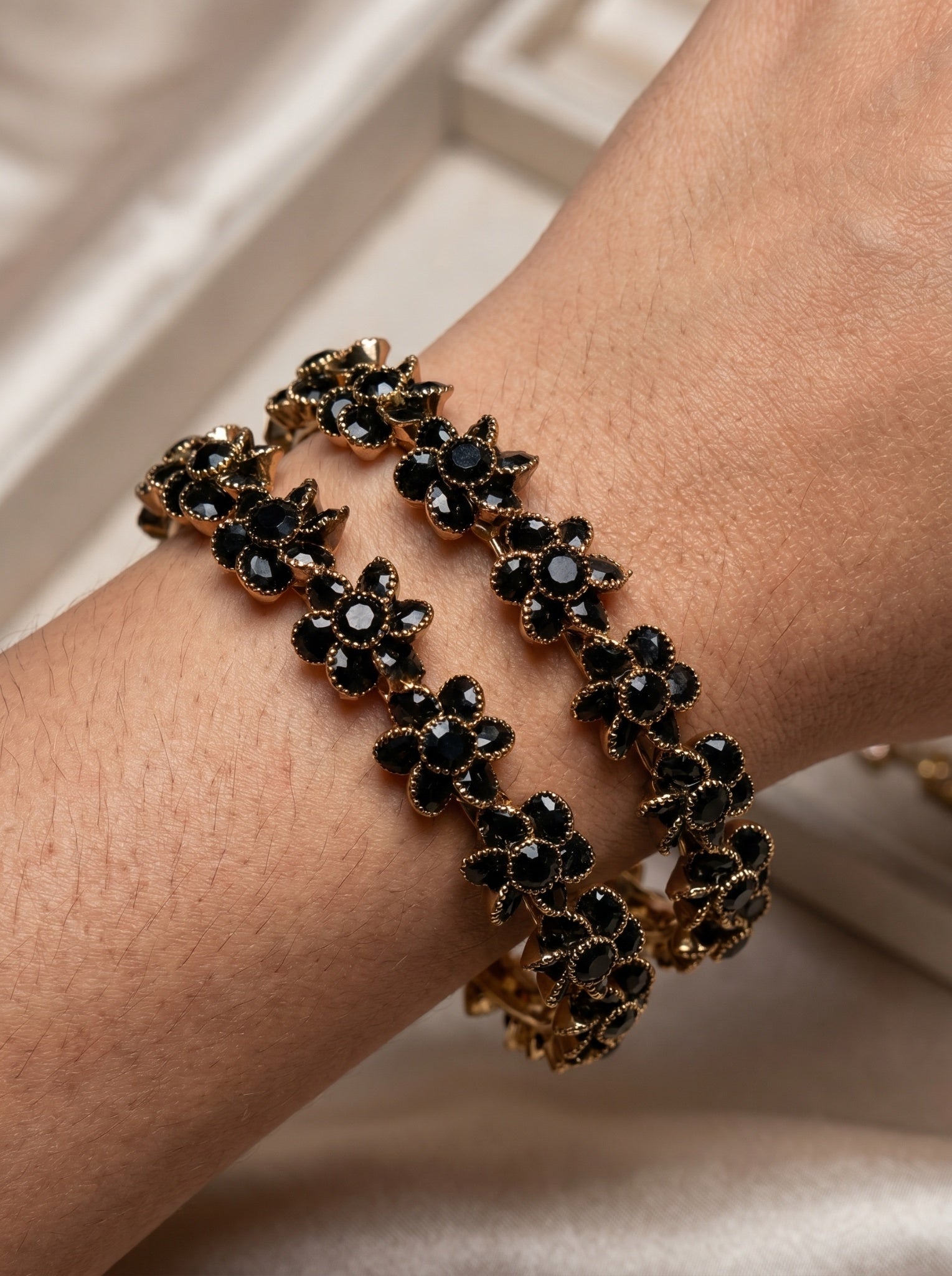 Black Bloom Floral AD Bangles (Set of 2) | Premium Quality | American Diamond | Party wear