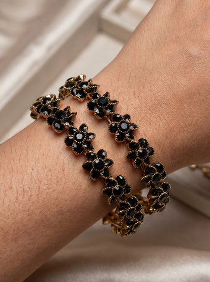 Black Bloom Floral AD Bangles (Set of 2) | Premium Quality | American Diamond | Party wear