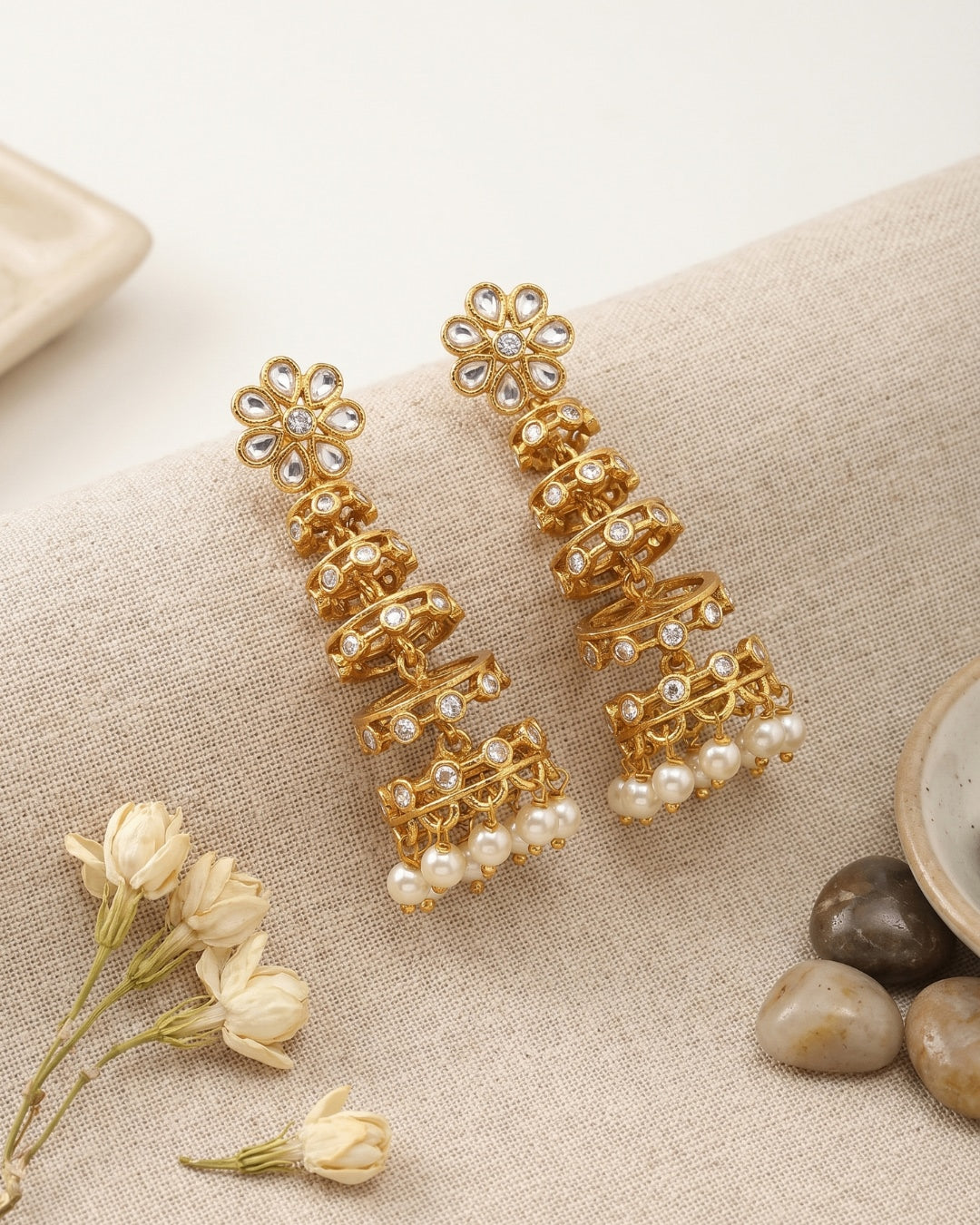 Premium Kundan Floral Pearl Drop Dangler Earrings for Women | Matte Finish Ethnic Earrings