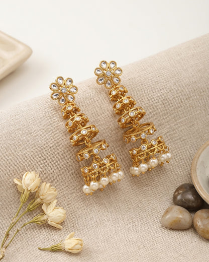 Premium Kundan Floral Pearl Drop Dangler Earrings for Women | Matte Finish Ethnic Earrings