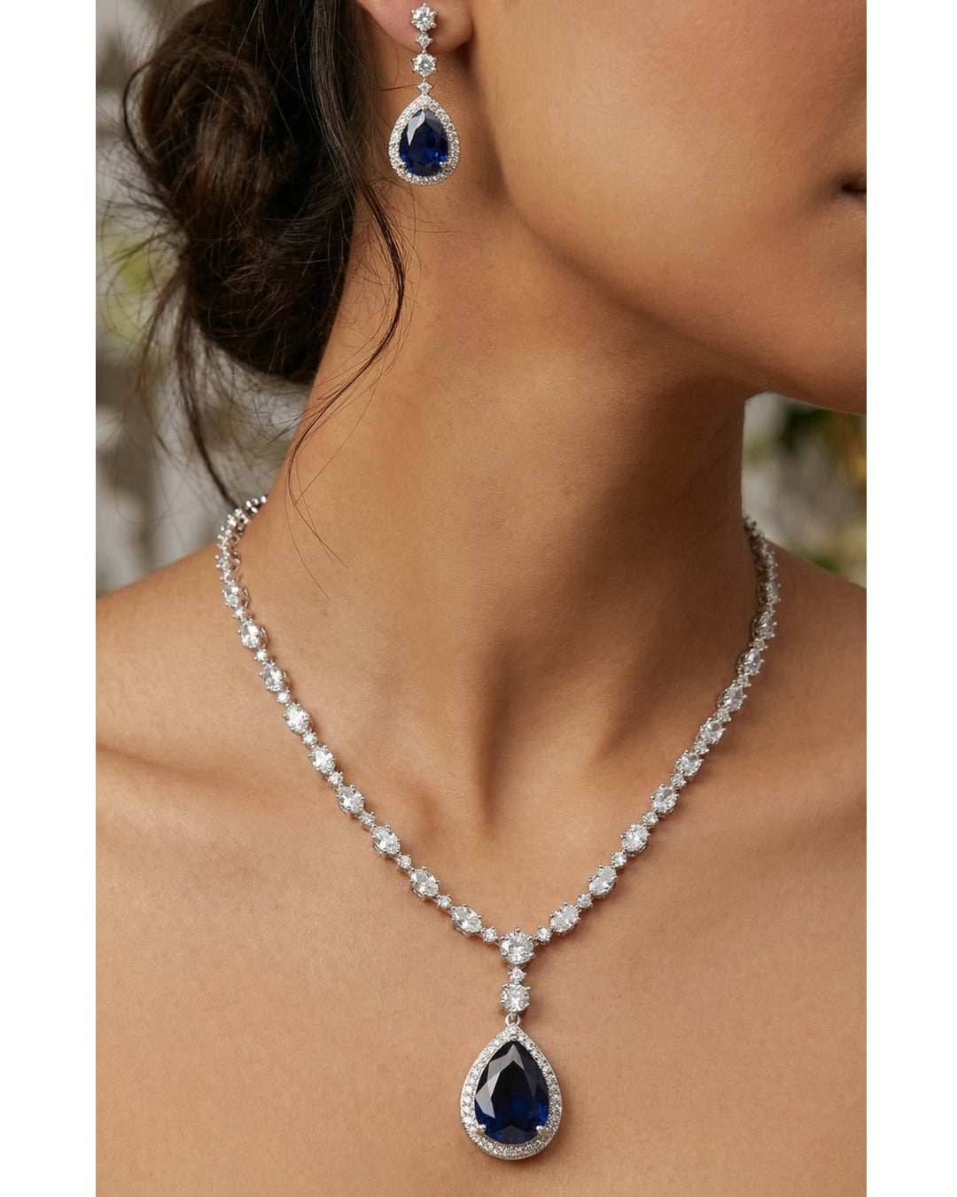 Royal Blue Teardrop American Diamond Necklace Set with Earrings | Premium Quality | American Diamond | Party wear | TE-ADNE-2212-008