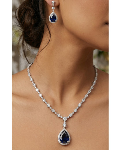 Royal Blue Teardrop American Diamond Necklace Set with Earrings | Premium Quality | American Diamond | Party wear | TE-ADNE-2212-008