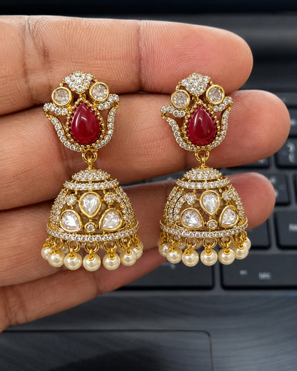 Premium Kundan Jhumka Earrings with Ruby Stone, CZ & Pearl Drops | Gold-Plated Ethnic Earrings