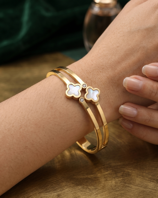 Luna Clover Dual-Band Gold Finish Bracelet | Stainless Steel Gold Plated