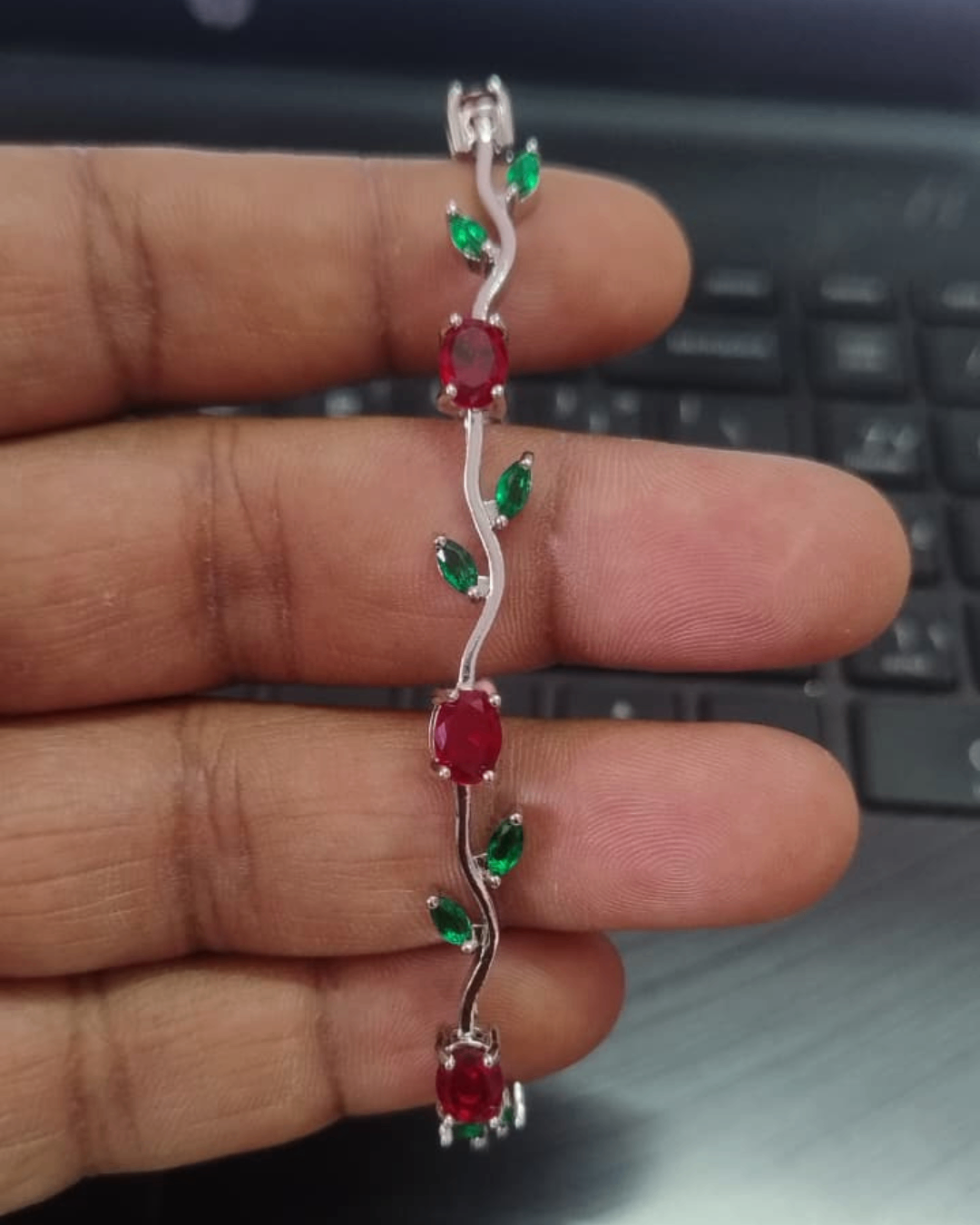 Silver Tone Tulip Bracelet with Red & Green Stones | Premium Quality | Cubic Zirconia