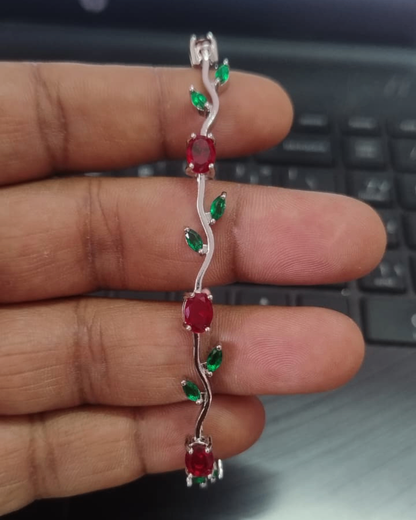 Silver Tone Tulip Bracelet with Red & Green Stones | Premium Quality | Cubic Zirconia