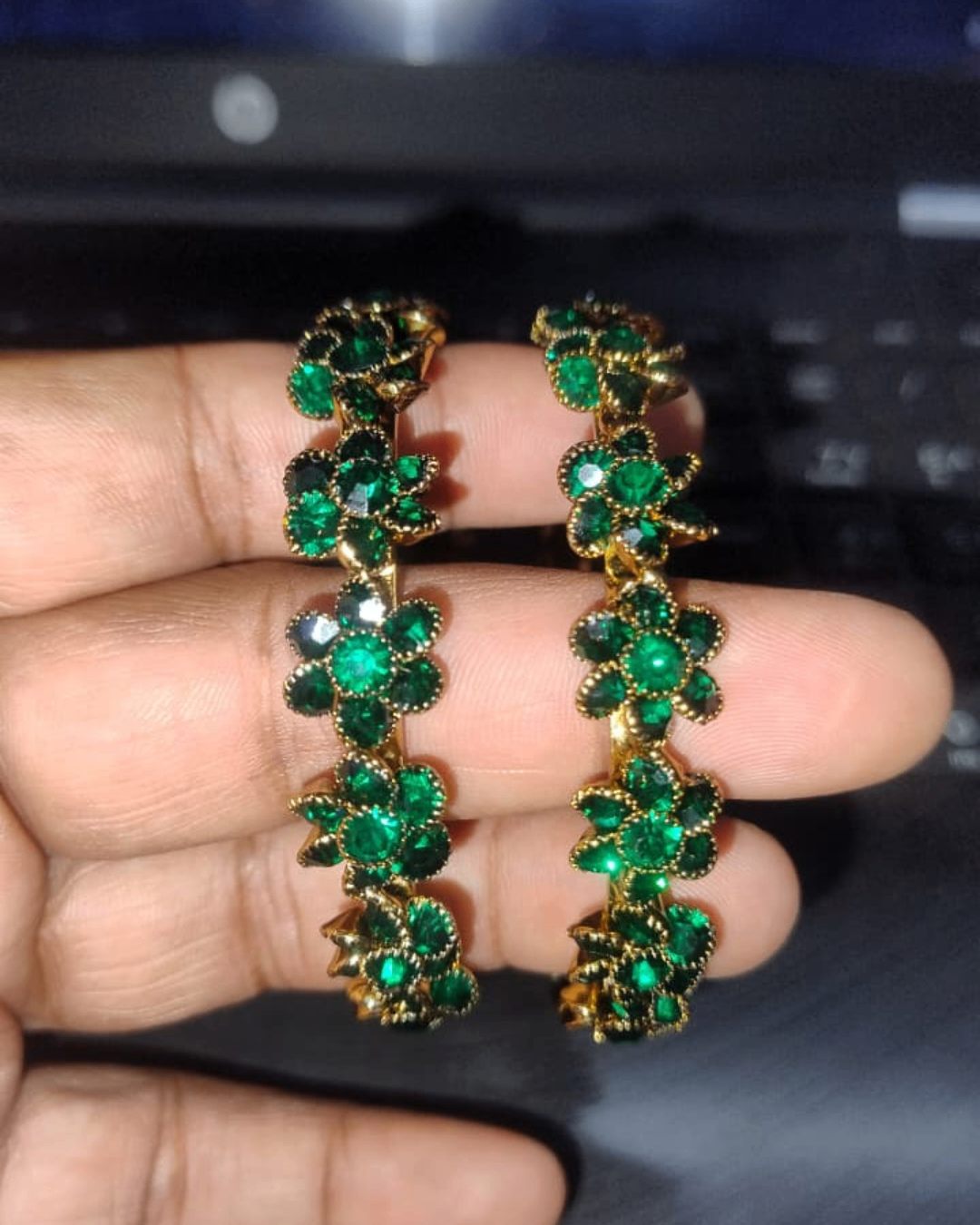 Emerald Green Bloom Floral Bangles (Set of 2) | Premium Quality | American Diamond | Party wear