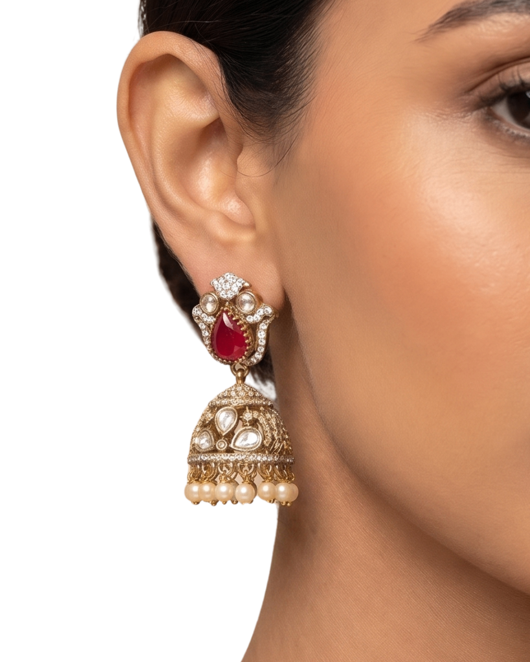 Premium Kundan Jhumka Earrings with Ruby Stone, CZ & Pearl Drops | Gold-Plated Ethnic Earrings