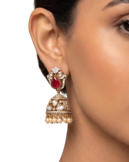 Premium Kundan Jhumka Earrings with Ruby Stone, CZ & Pearl Drops | Gold-Plated Ethnic Earrings