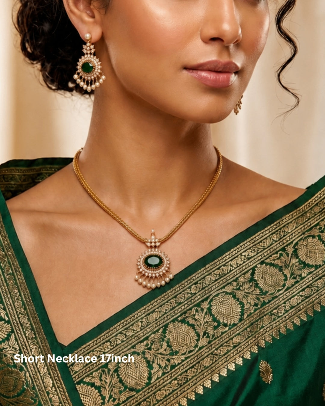 Elegant Gold-Tone Emerald Green Pendant Necklace Set with CZ & Pearl Earrings