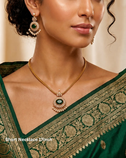 Elegant Gold-Tone Emerald Green Pendant Necklace Set with CZ & Pearl Earrings
