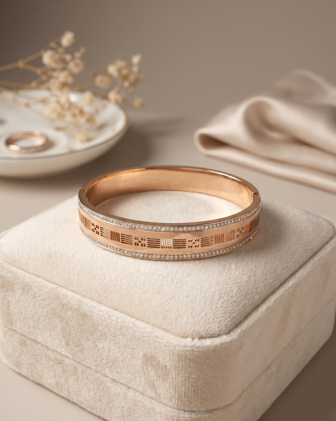 Premium Rose Gold Bracelet with Stone Border & Laser Cut Design | Stainless Steel Gold Plated | Women Anti-tarnish bracelet | Kada Bracelet