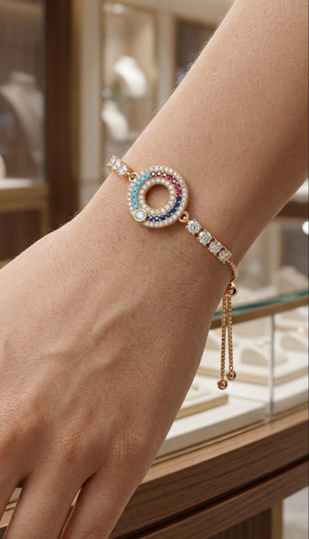 Luxury Halo Multi Color Cubic Zirconia Stone Adjustable Gold Bracelet