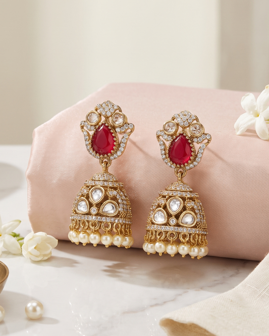 Premium Kundan Jhumka Earrings with Ruby Stone, CZ & Pearl Drops | Gold-Plated Ethnic Earrings