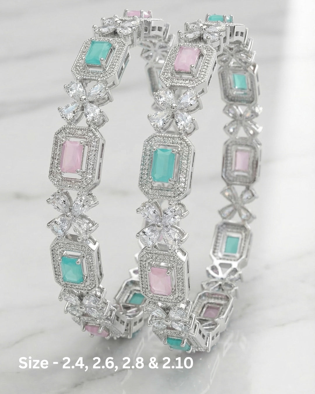 Rhodium Plated Pastel Green & pink Rectangle and Flower Zircon Stone Bangle (Set of 2) | Premium Quality | American Diamond | Party wear | TE-ADB-2212-009