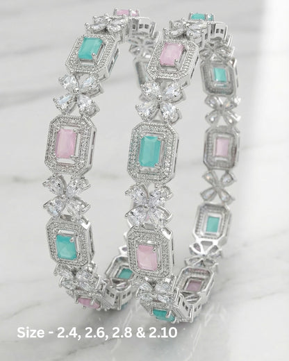 Rhodium Plated Pastel Green & pink Rectangle and Flower Zircon Stone Bangle (Set of 2) | Premium Quality | American Diamond | Party wear | TE-ADB-2212-009