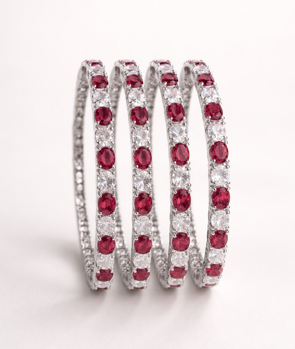 Elegant Rhodium plated Set of 4 Ruby and white CZ stone Bangles | American Diamond