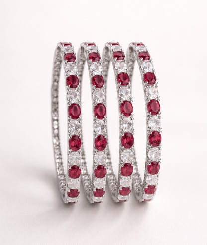 Elegant Rhodium plated Set of 4 Ruby and white CZ stone Bangles | American Diamond