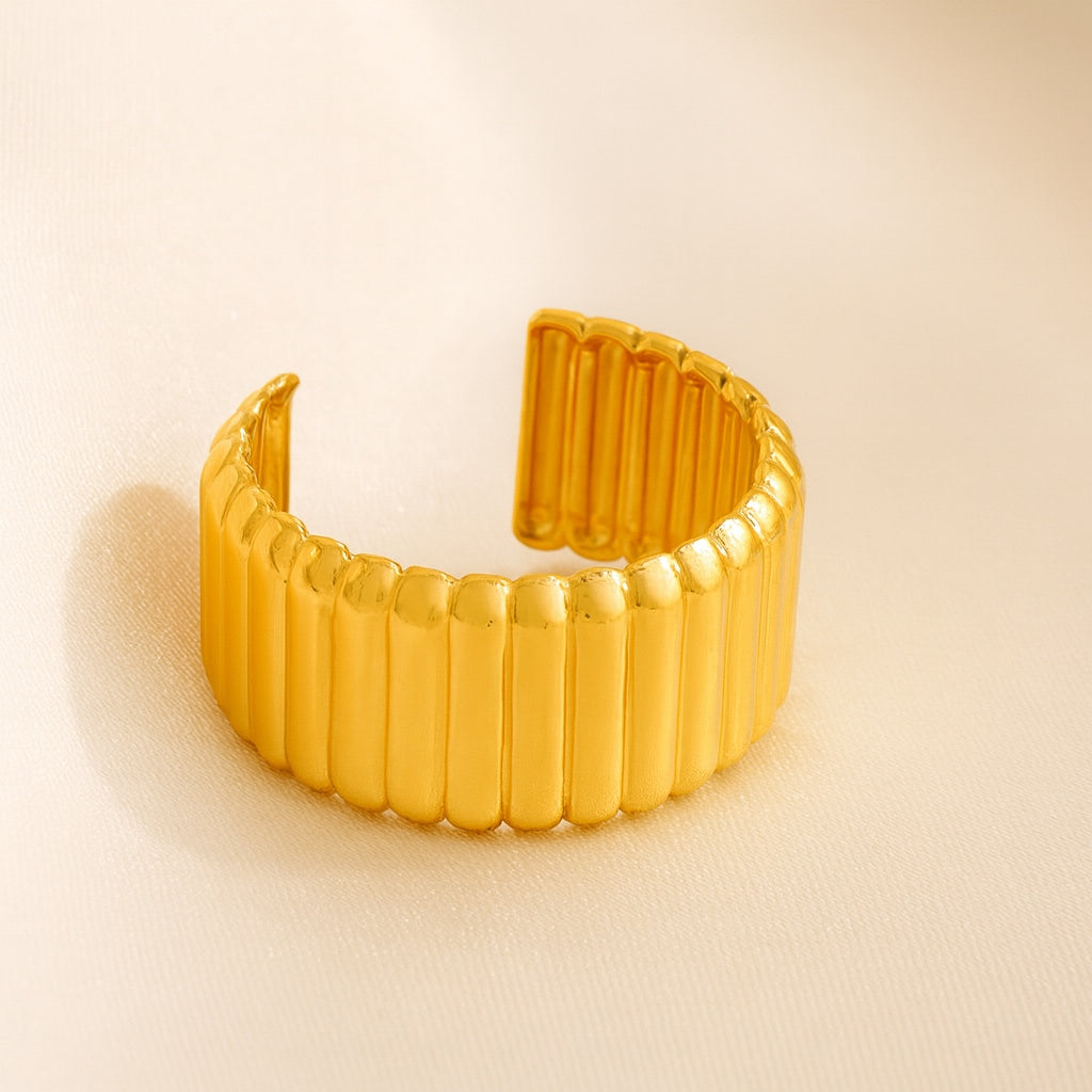 Ribbed Adjustable Finger Ring | Premium Quality | Elegant Women's Jewelry | Stainless Steel Gold Plated | Anti-tarnish | Daily wear | TE-GPFR-0612-003