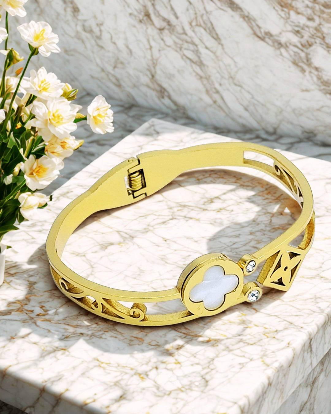 Clover White Pearl finish and Zircon Stone Bracelet | Premium Quality | Elegant Kids Jewelry | Stainless Steel Gold Plated | Anti-tarnish | Daily wear | TE-GPKB-2311-002