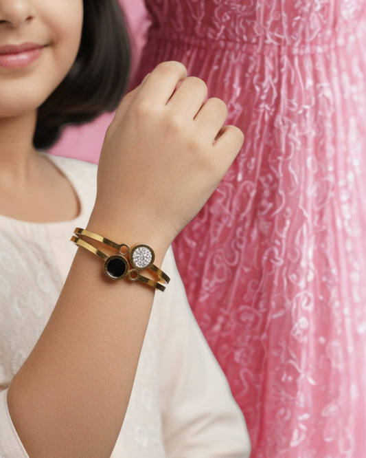 Round Black & Crystal Charm Bracelet | Premium Quality | Elegant Kids Jewelry | Stainless Steel Gold Plated | Anti-tarnish | Daily wear | TE-GPKB-2311-009