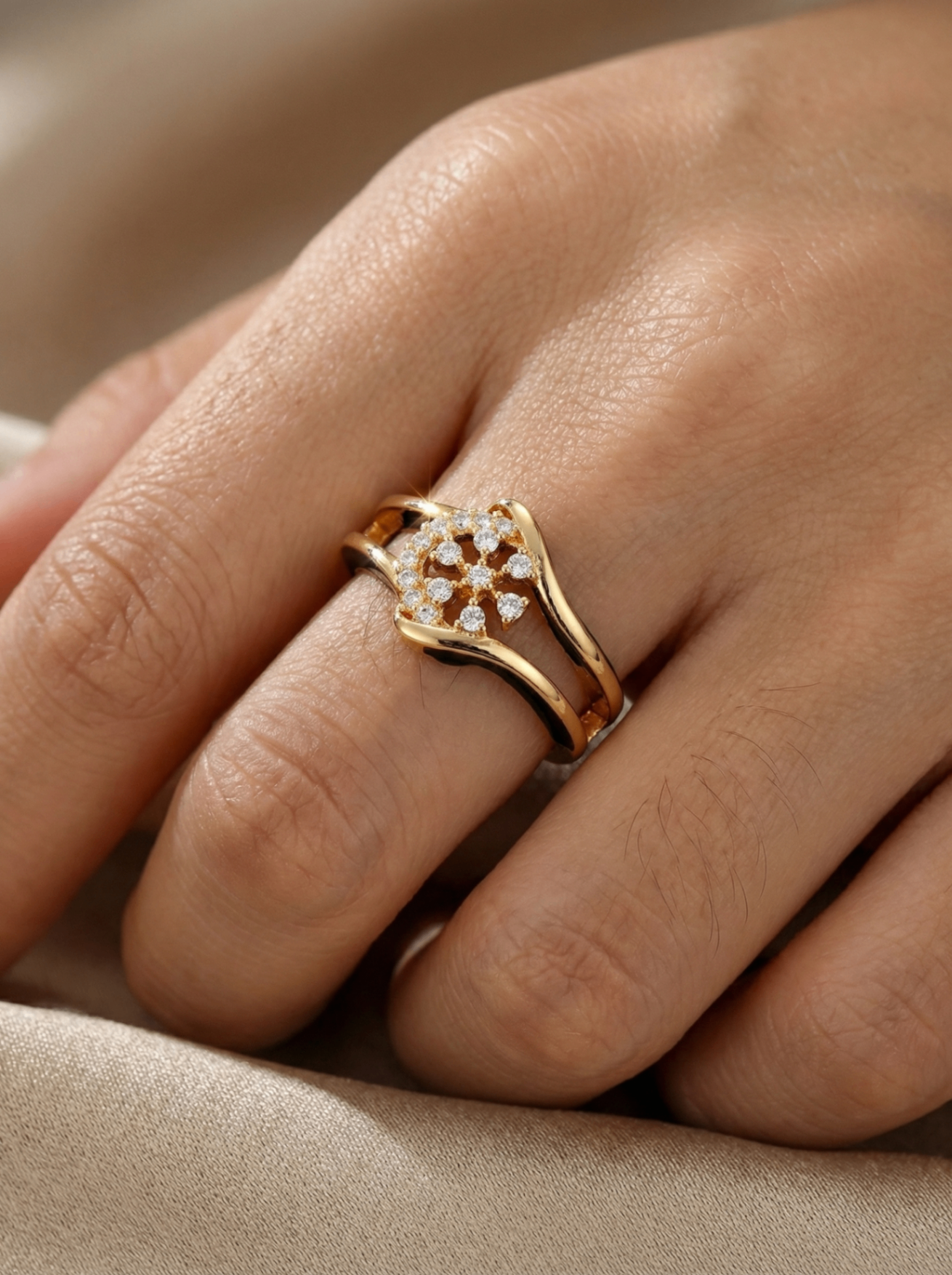 Elegant Floral Cubic Zirconia Stone Ring in Gold Finish | Premium Quality | Adjustable Ring