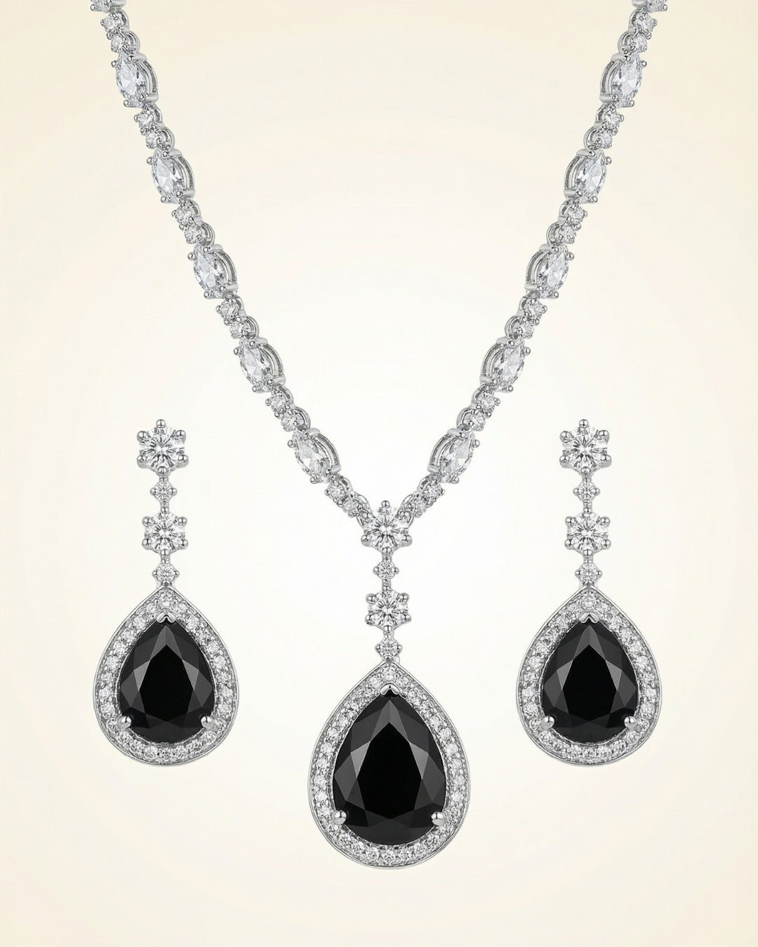 Black Onyx Teardrop American Diamond Necklace Set with Earrings | Premium Quality | American Diamond | Party wear | TE-ADNE-2212-007
