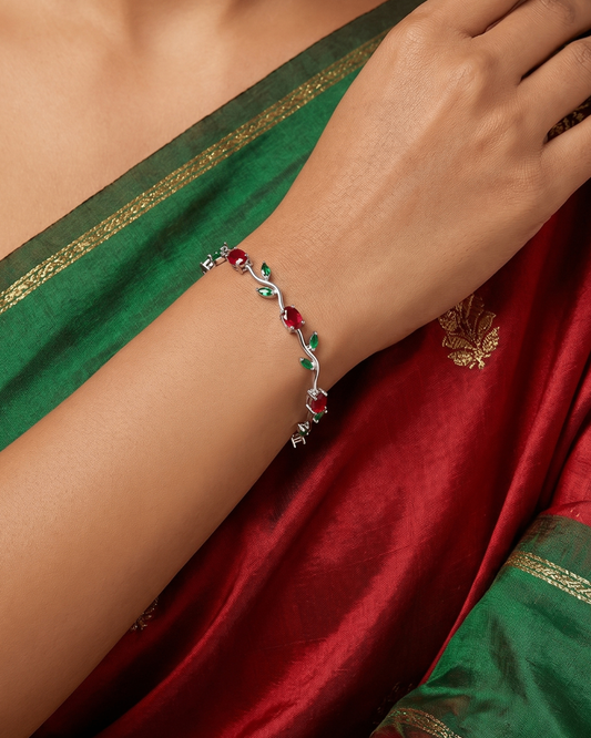 Silver Tone Tulip Bracelet with Red & Green Stones | Premium Quality | Cubic Zirconia