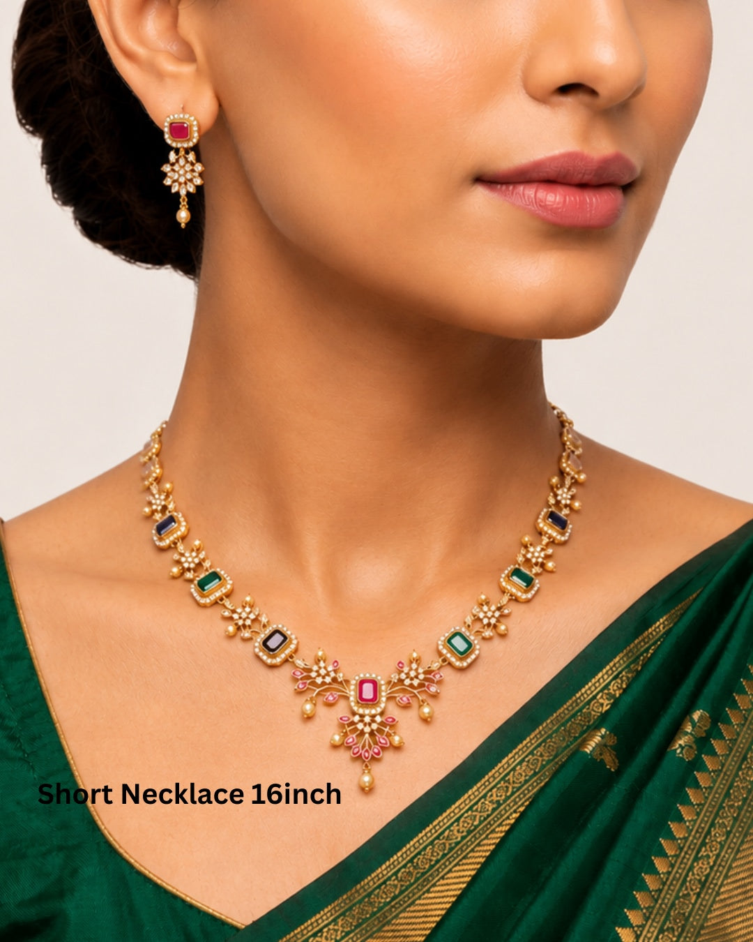 Premium Gold-Tone Multicolor Stone Necklace Set with Pearl Drop Earrings